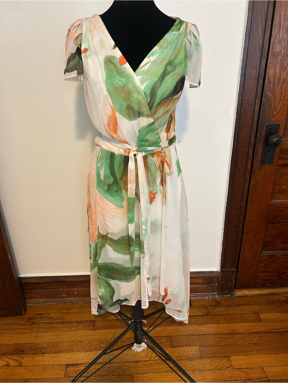 DKNY Green & Peach Watercolor  Midi Dress, size 4
